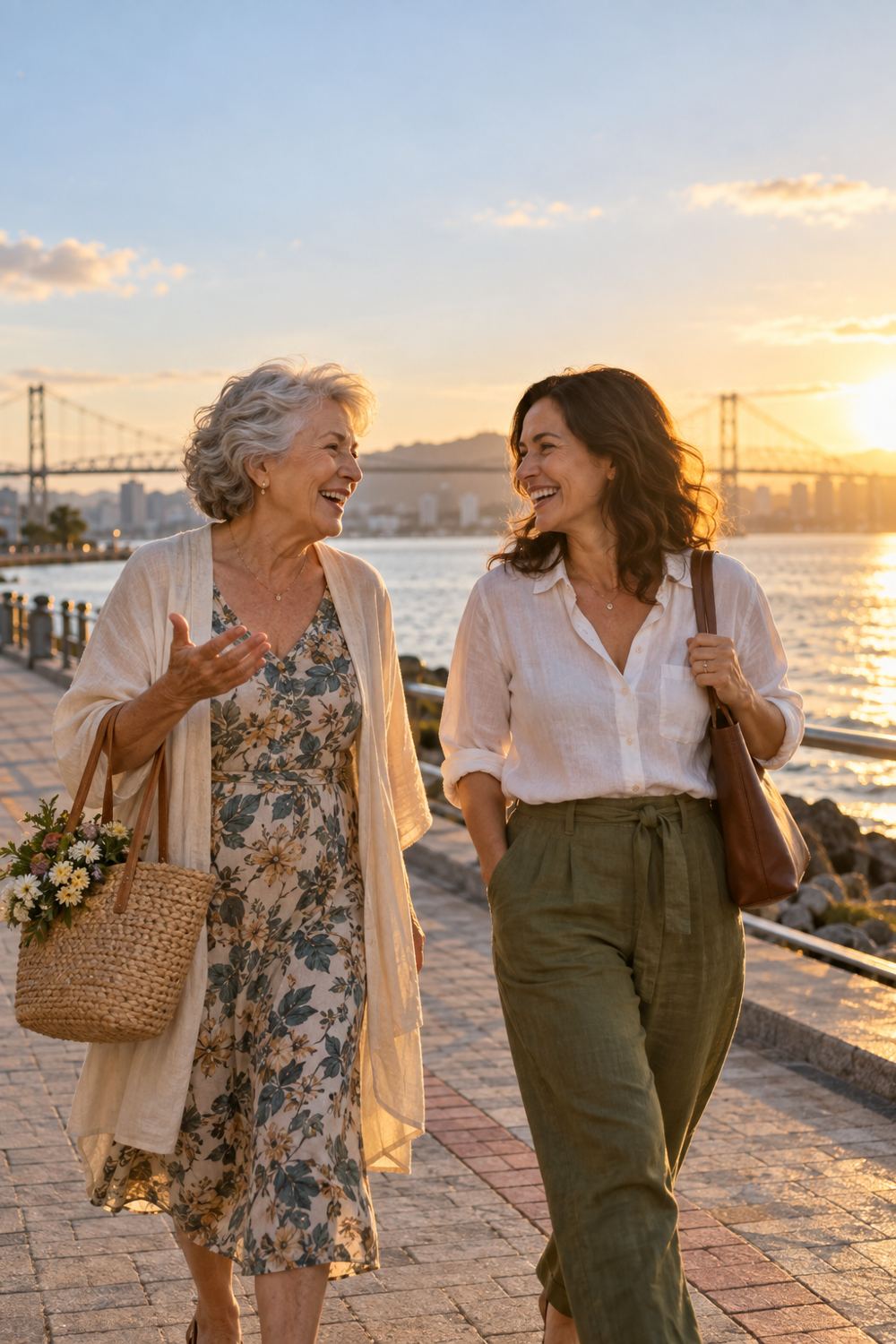 Uma senhora e uma mulher mais jovem caminham conversando e rindo pela orla, ao fim da tarde