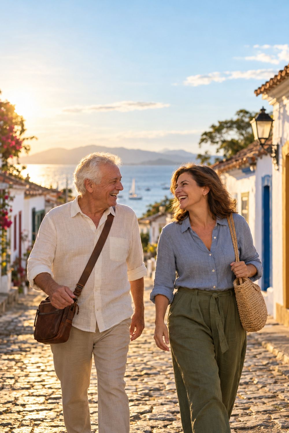 Um senhor e uma mulher mais jovem caminham conversando por uma rua de pedras junto ao mar